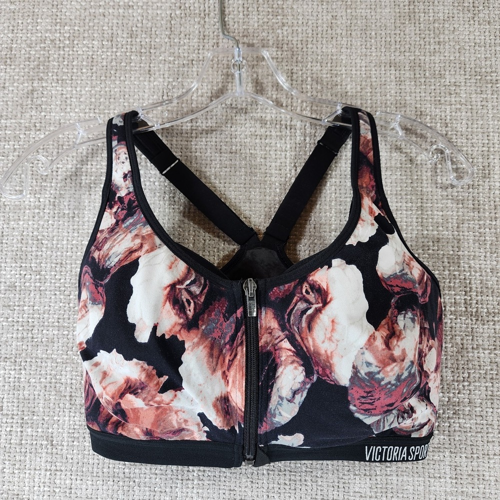 Victoria Secret Sport Knockout Bra Womens 34DDD Black Floral Front Zip Close